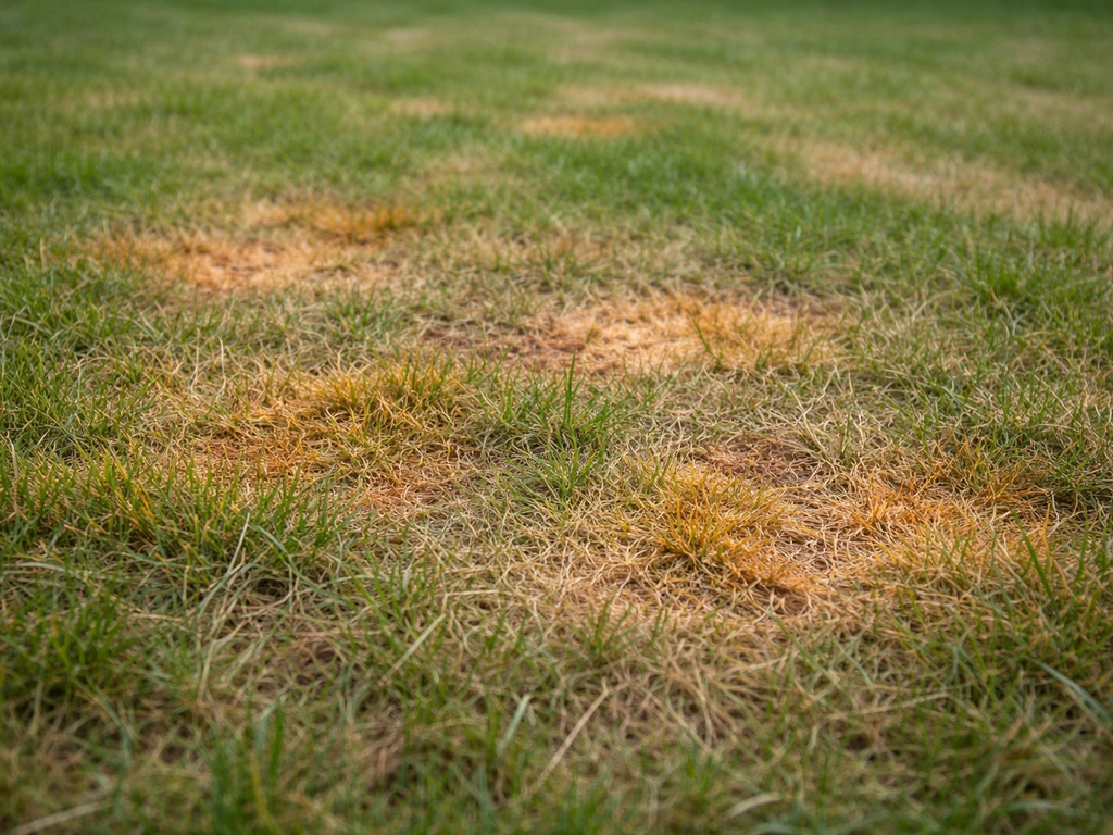 Gros plan d’une pelouse montrant des zones jaunes et rousses avec une texture spongieuse par endroits.