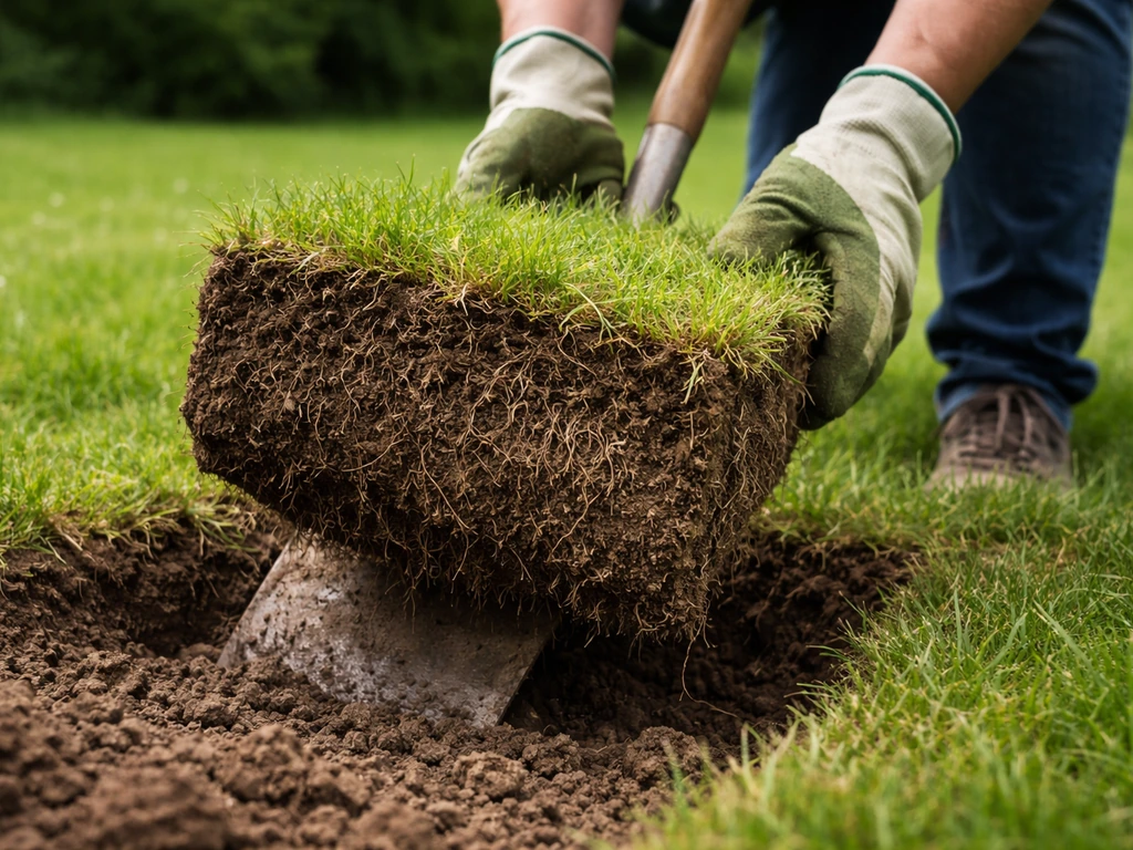 Main gantée soulevant une motte de terre d’environ 25 cm, montrant les racines sous le gazon.
