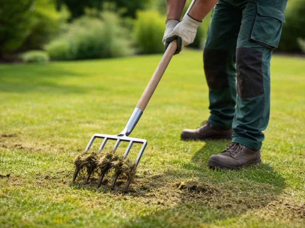 Un jardinier scarifie et aère une pelouse avec une fourche-bêche, feutre et mousse soulevés au sol.