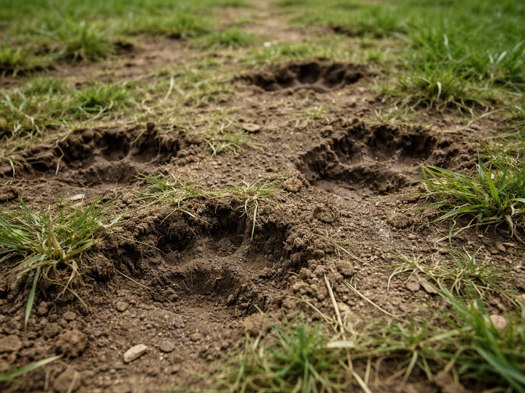 Gros plan d’herbe écrasée avec empreintes nettes et sol compacté après le passage d’un chien.