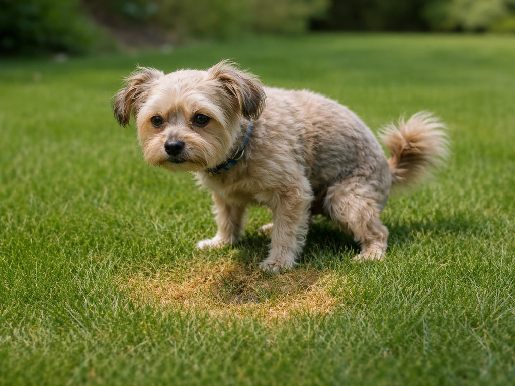 Petit chien sur une pelouse: petite zone jaunie bien visible sur l’herbe après les urines.