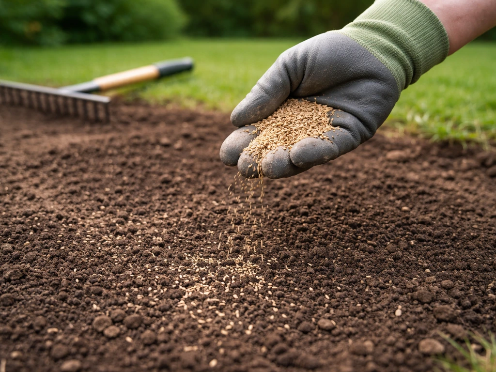 Main gantée déposant des graines sur une couche fine de terreau après scarification du gazon