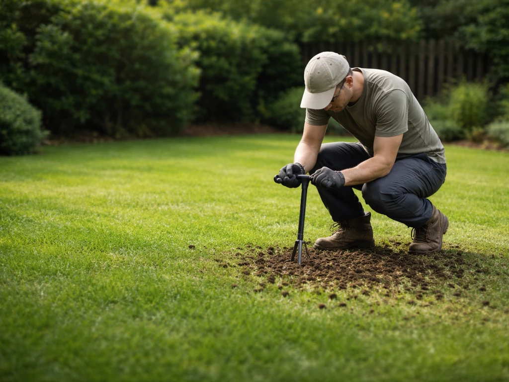 Personne anonyme aérant le gazon par carottage sur une pelouse verte, jardin au printemps.
