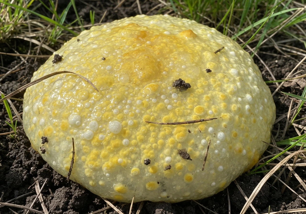 Gros plan d’un plasmode de myxomycète jaune et blanc collant sur une pelouse, texture gélatineuse visible.