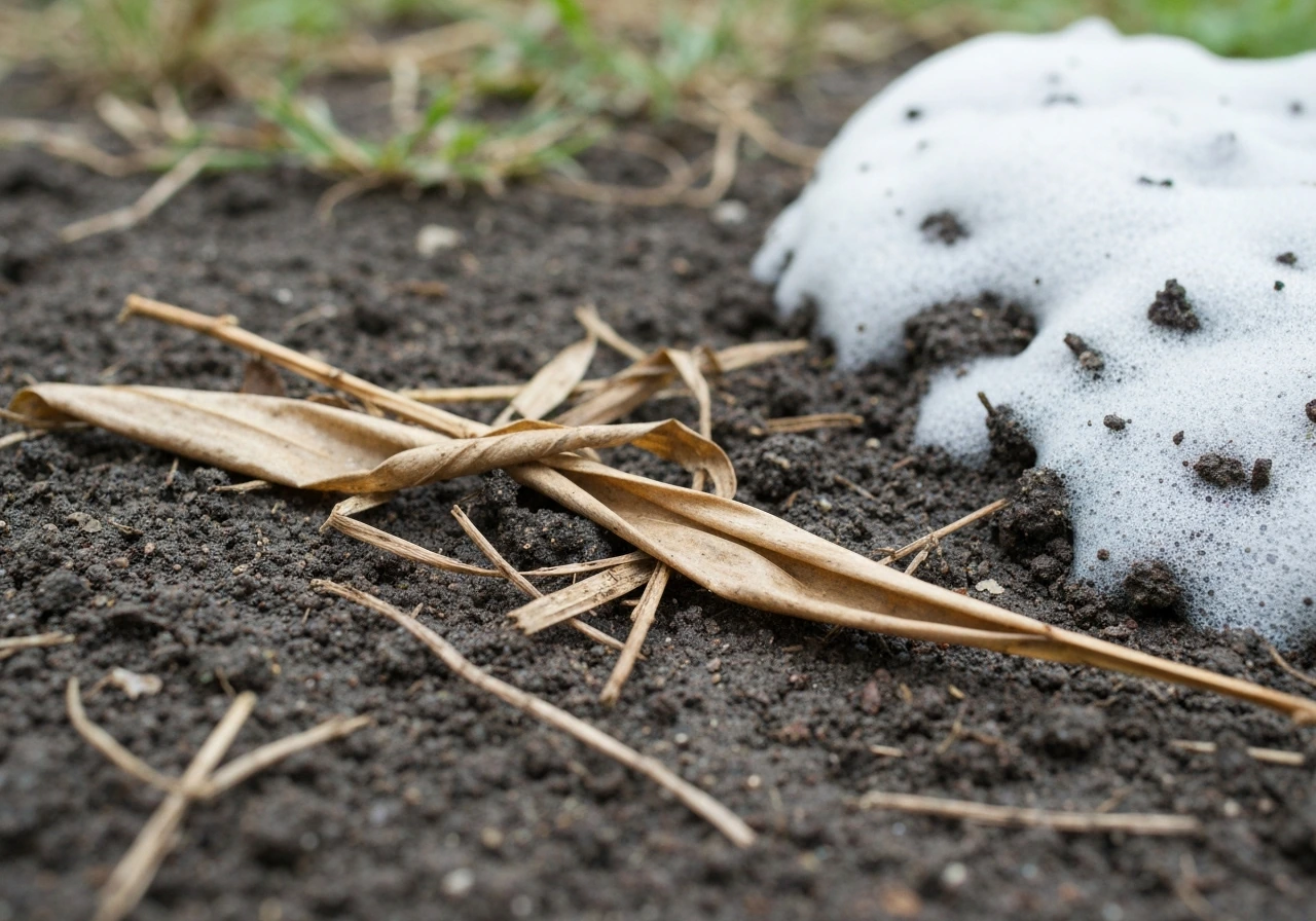 Gros plan au ras du sol : débris végétaux humides et zone ombragée sur la pelouse.