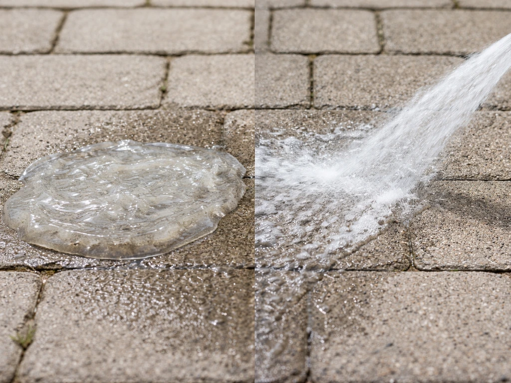 Jet d’eau à pression modérée nettoyant une masse gélatineuse fraîche sur un sol pavé, zones avant/après.