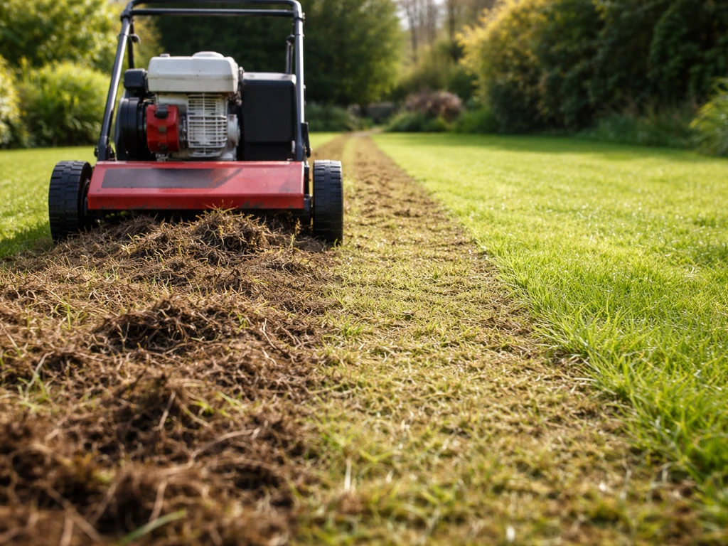 Scarificateur sur une pelouse, retirant le feutre sombre et laissant des brins d’herbe plus visibles.