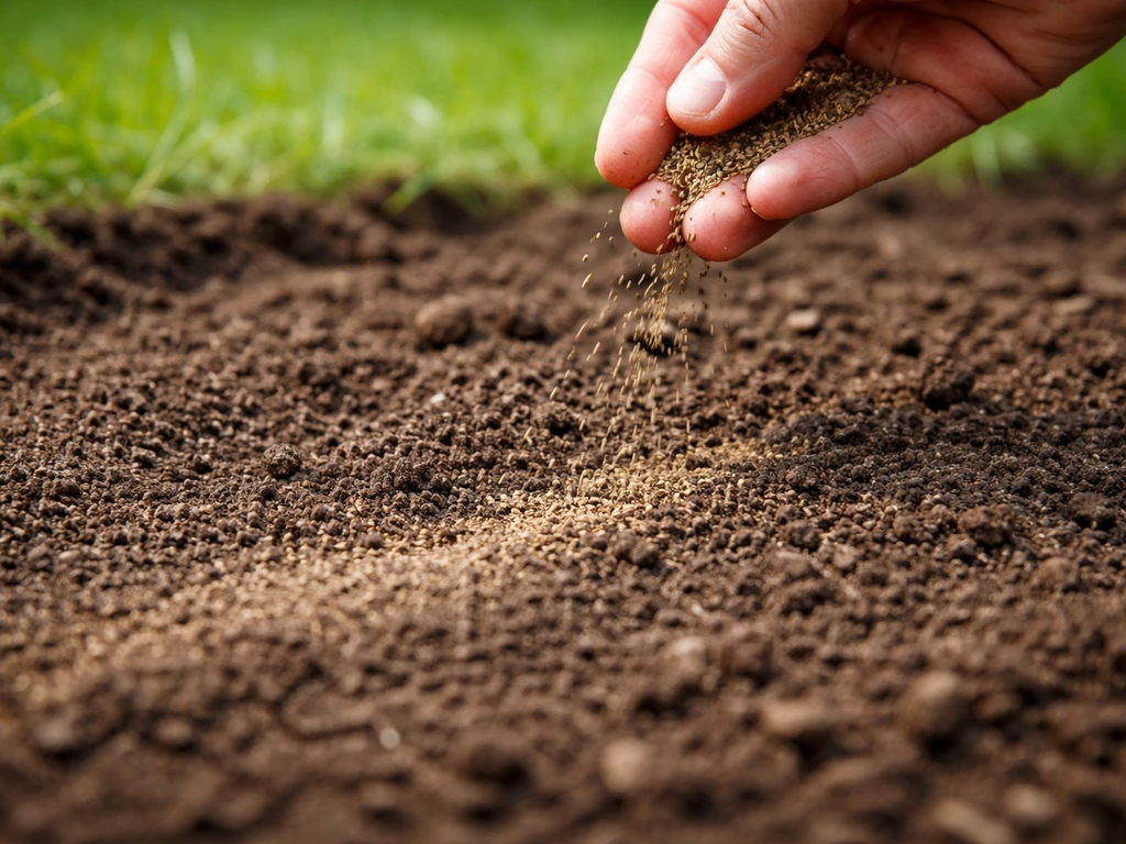 Main versant des micro-graines de gazon sur le sol, avec recouvrement léger de 0,5 à 1 cm.