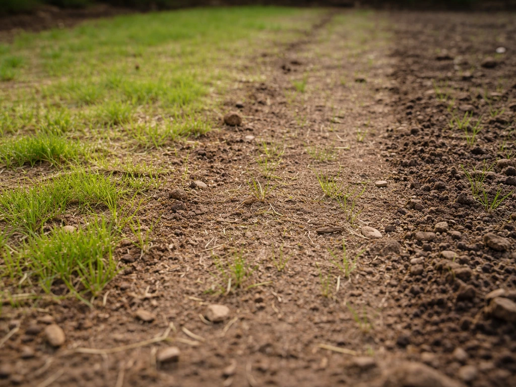 Pelouse de zoysia semée : zones à levée irrégulière et clairsemées, sol légèrement desséché localement.