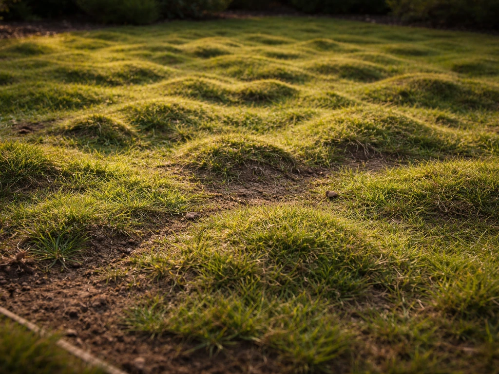 Gazon bosselé avec bosses et creux visibles, ombres rasantes au sol dans un jardin.