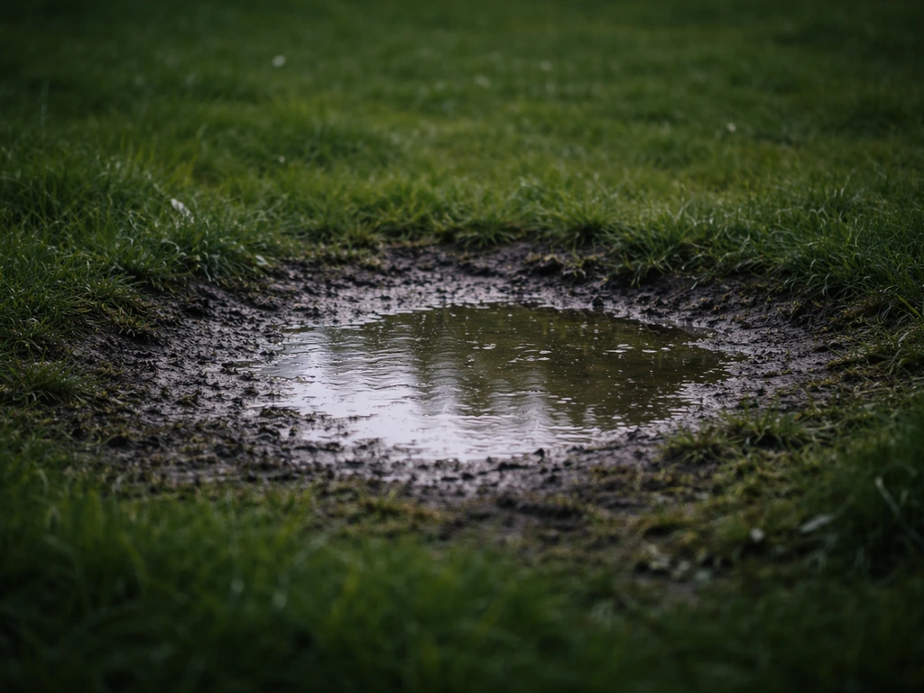 Une pelouse en cuvette avec une flaque légère et un sol sombre et humide après la pluie.