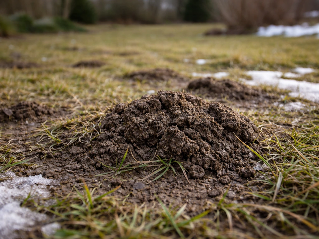 Bosselures de terre sur un sol argileux humide, traces après gel-dégel au printemps, vue rapprochée.