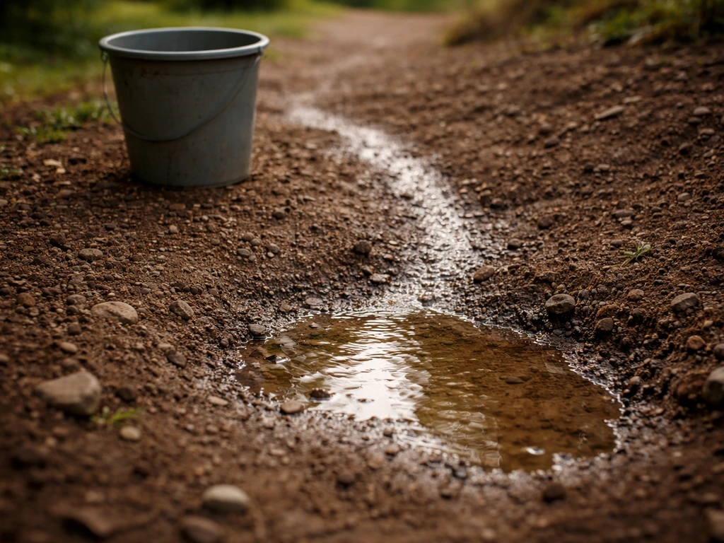 Un seau et un film d’eau sur le sol montrent où l’eau s’infiltre ou stagne après arrosage.