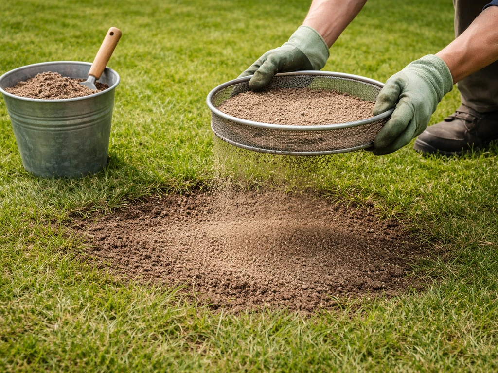 Jardinier qui tamise un mélange terreau-sable puis regarnit une zone de pelouse irrégulière, au sol