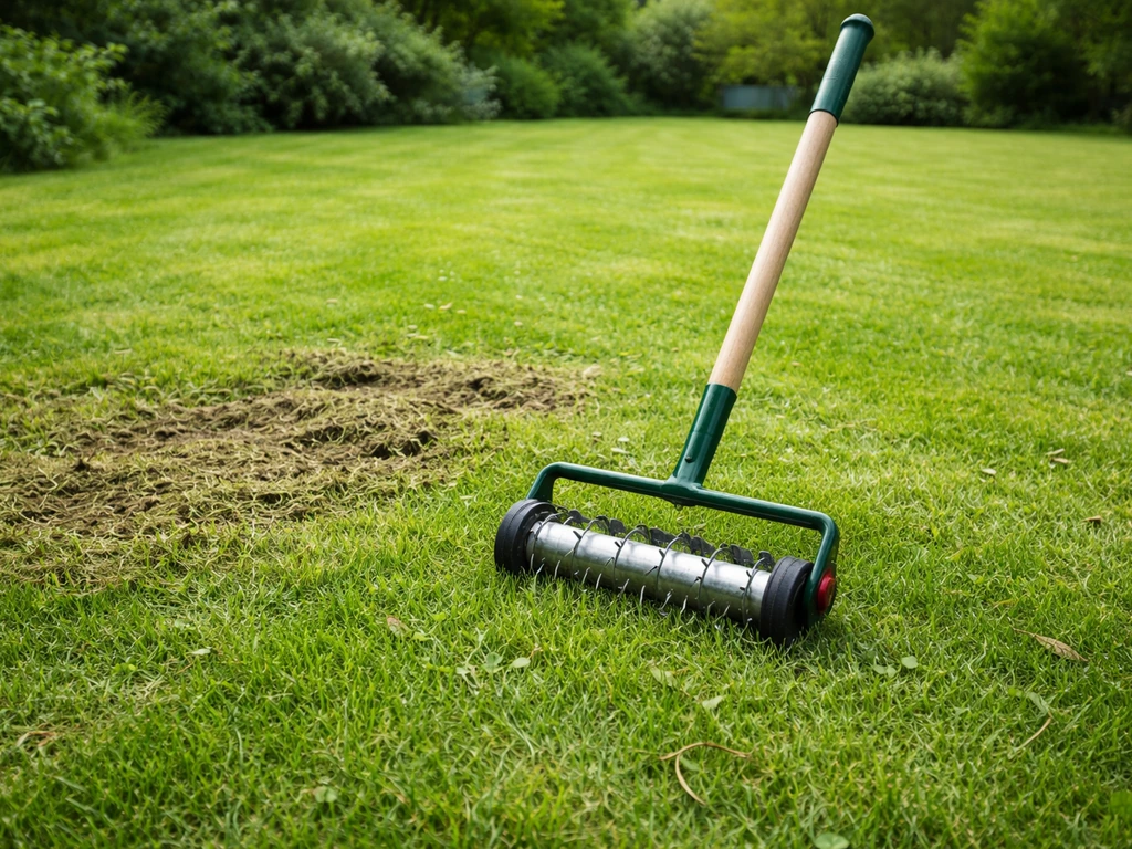 Pelouse fraîchement tondue avec herbe coupée et outil d’aération/scarification posé au sol, en extérieur.