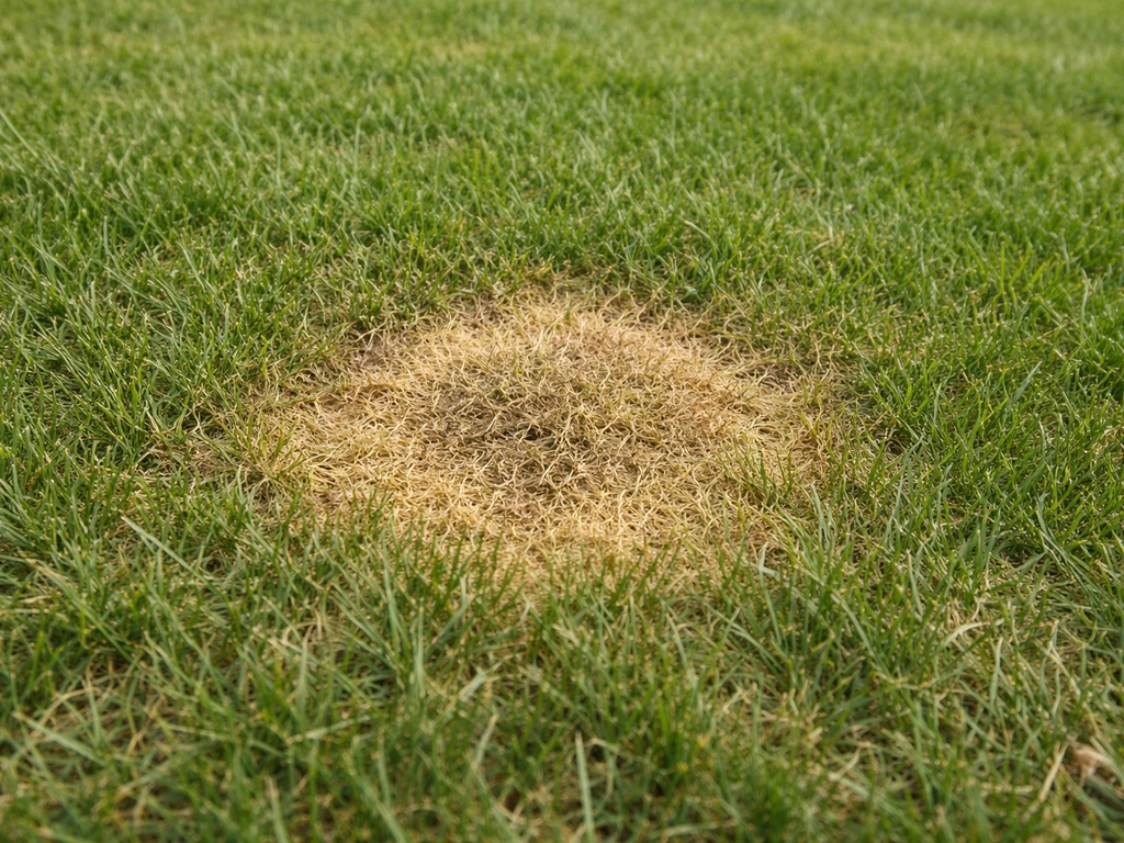 Pelouse brûlée en cercle brun autour d’une zone après une miction de chien.