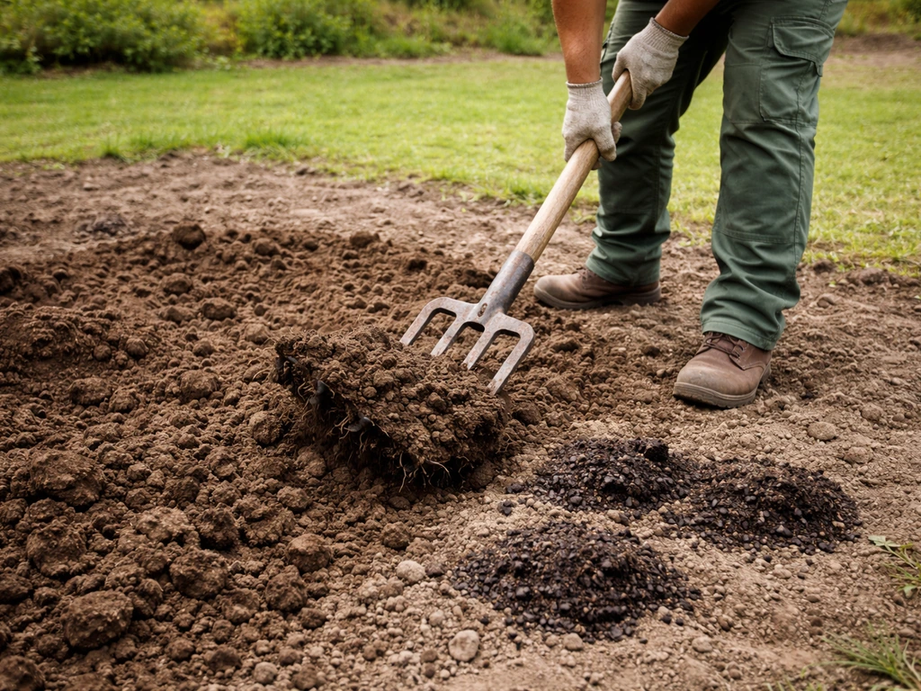 Travail du sol dans un jardin, couche de terre visible, fourche-bêche et amendements pour créer une base durable.