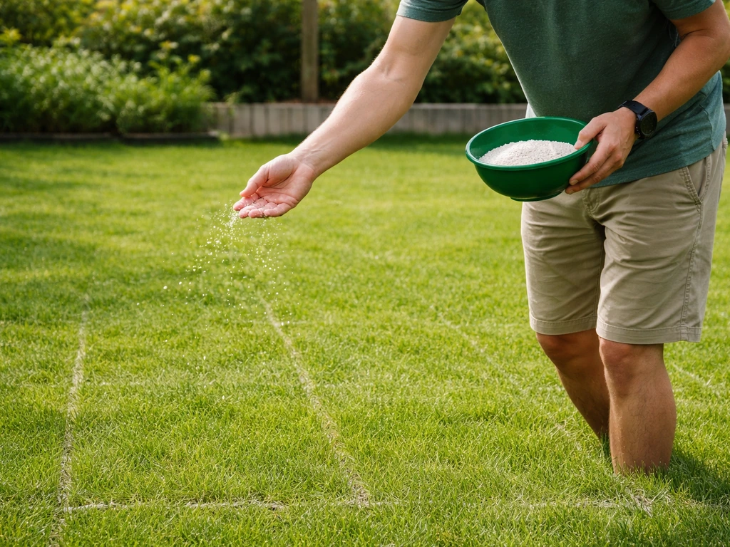 Un jardinier épandant à la main un engrais sur une pelouse verte, repères simples au sol pour doser