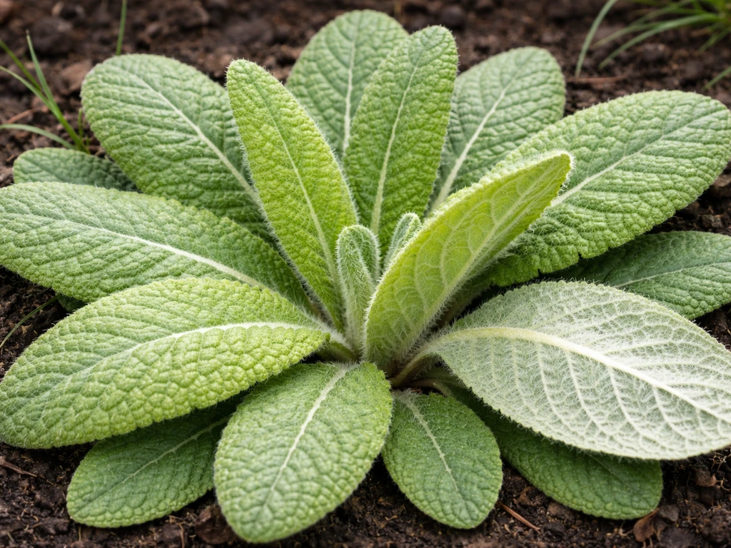 Rosette de feuilles de primevère en gros plan, montrant le dessus légèrement velu et le dessous très velu.