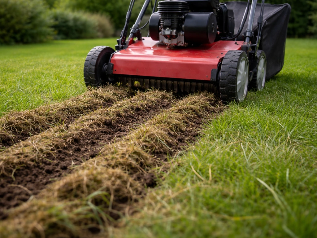 Scarificateur en train d’entamer le gazon, traces nettes de feutrage retiré et sol décompacté.